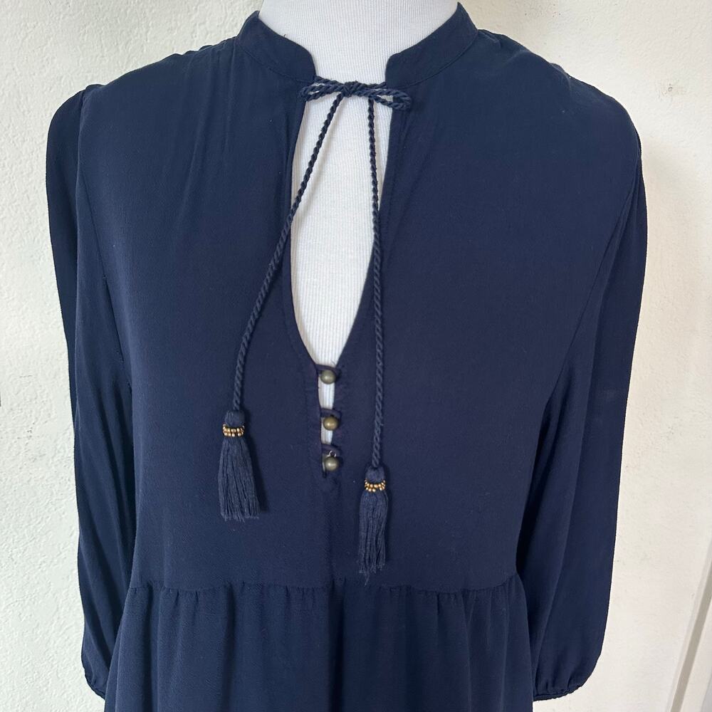 Forever 21 Navy Boho Mini Dress Long Sleeve Tassel Tie Neck Medium Peasant - Picture 3 of 12